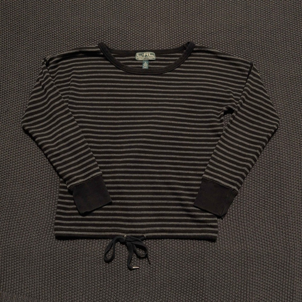 Lauren Active Ralph Lauren Top Womens Medium Black Grey Striped Drawstring Hem